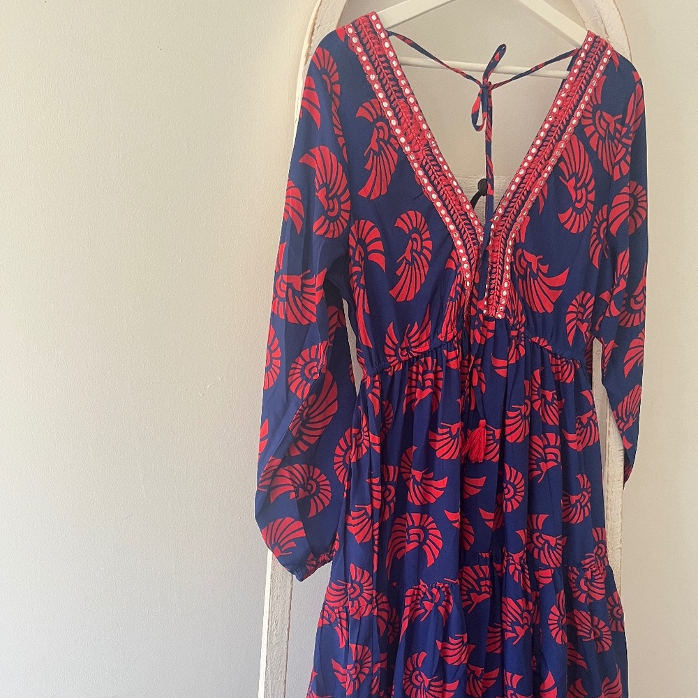Dress Nado Blue and Red Maxi Summer dress with 3/4 Sleeves and Tie Back Size L